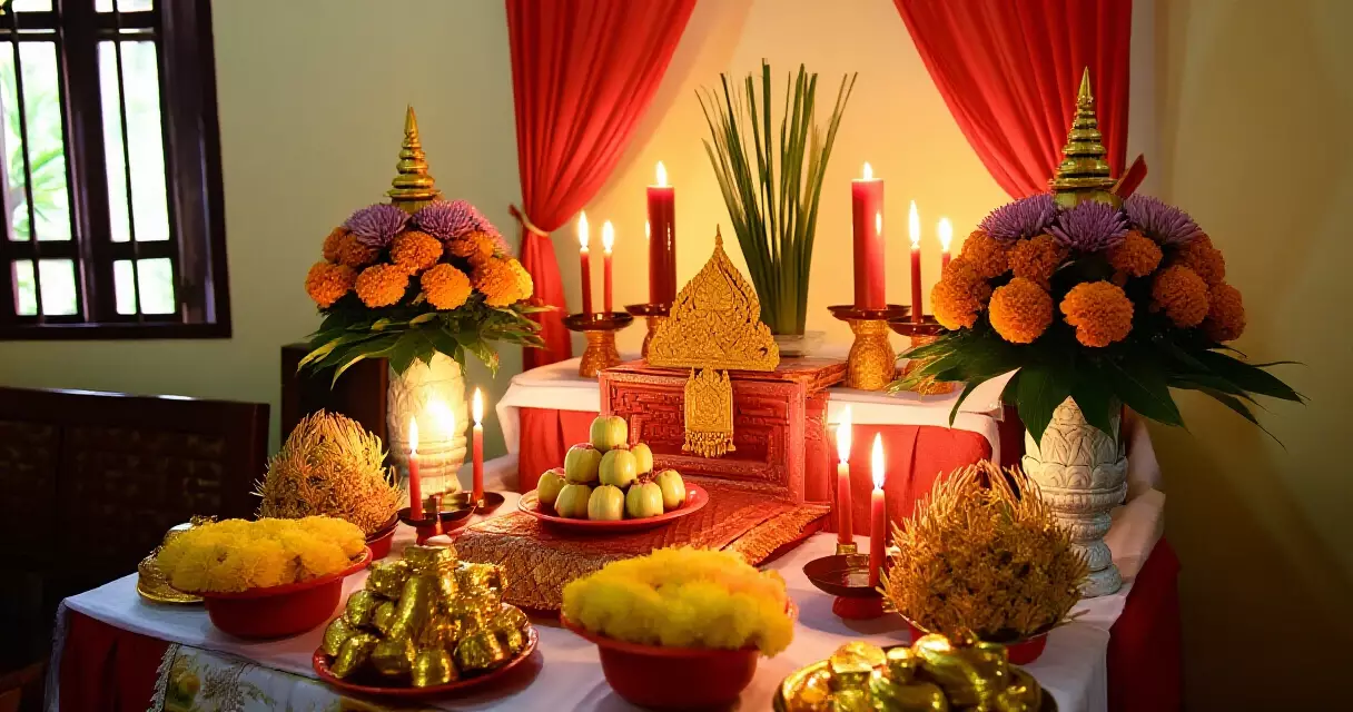 តុពិធីមង្គលការខ្មែរប្រពៃណី តុបតែងដោយផ្កាស្លា ភ្លើងទៀន និងជំនូនមាស