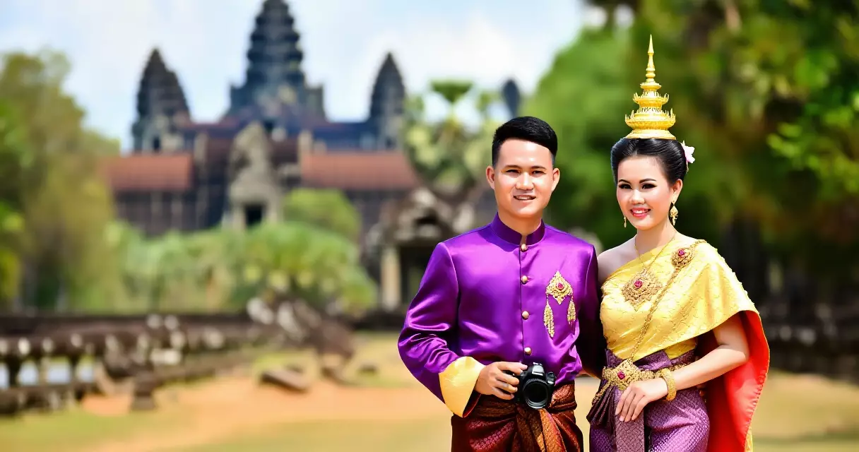 គូស្វាមីភរិយាខ្មែរ ស្លៀកសម្លៀកបំពាក់សូត្រប្រពៃណី ថតរូបនៅខាងក្រៅ