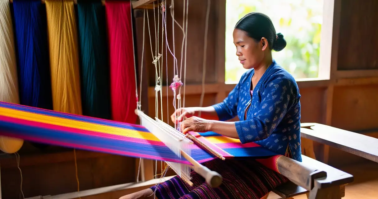 ស្ត្រីខ្មែរកំពុងត្បាញក្រណាត់សូតហូល ikat លើម៉ាស៊ីនត្បាញប្រពៃណី