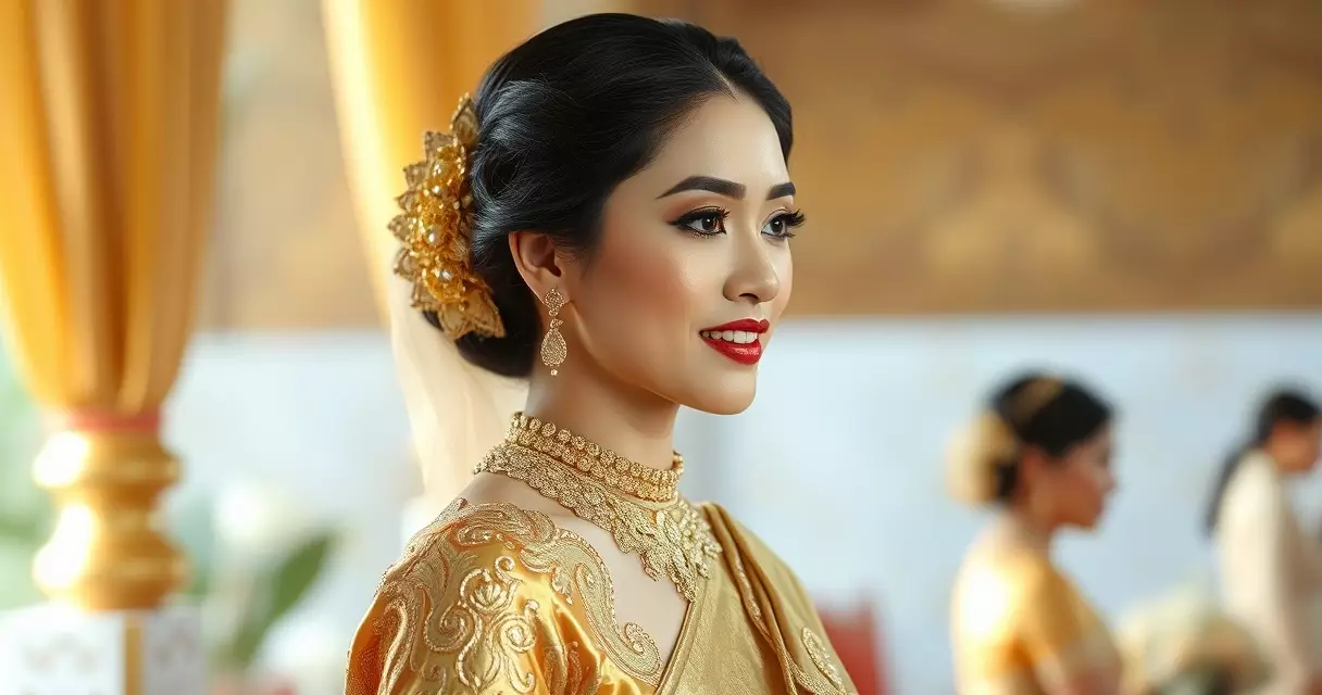 ស្ត្រីខ្មែរស្លៀកសំពត់ចរបាប់ខ្សែមាសចែងចាំង ក្នុងពិធីមង្គលការប្រពៃណី