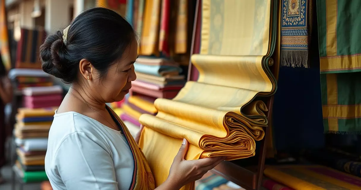 ស្ត្រីខ្មែរកំពុងជ្រើសរើសសំពត់ហូលពណ៌មាសនៅហាងលក់ក្រណាត់
