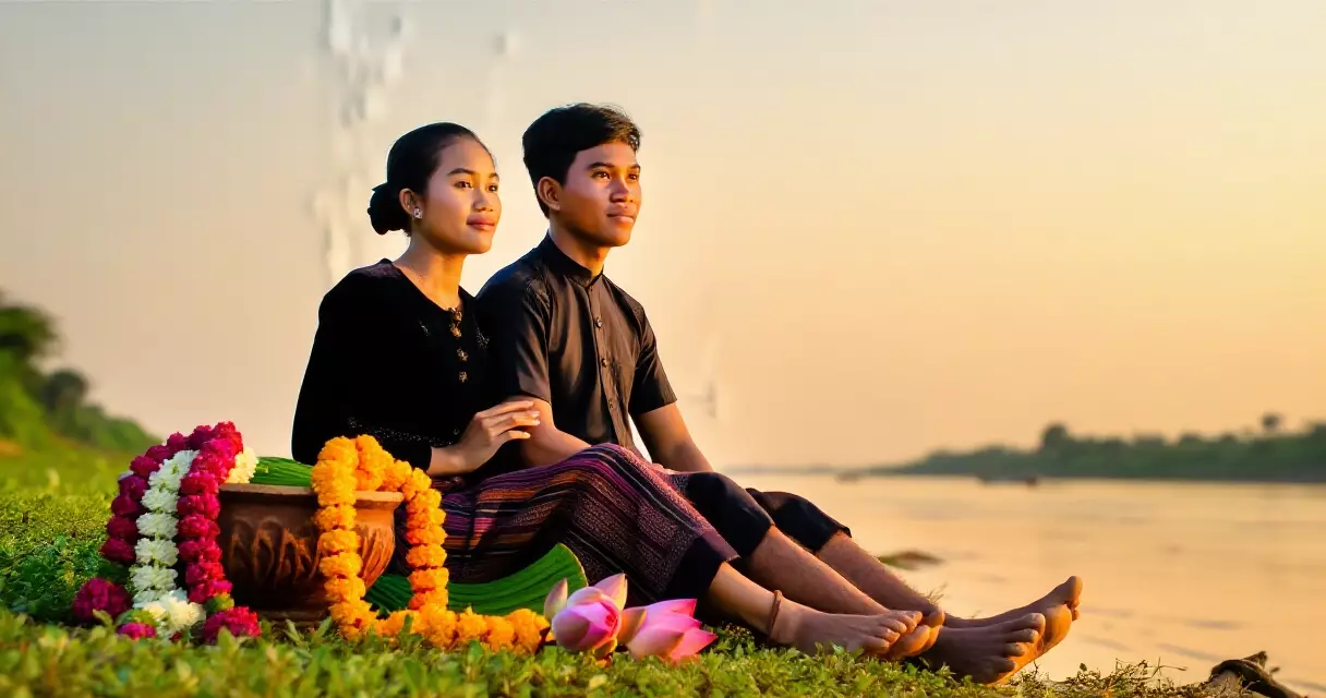 គូស្នេហ៍ខ្មែរអង្គុយនៅដើមមហានទីក្នុងពន្លឺស្ទើររៃ