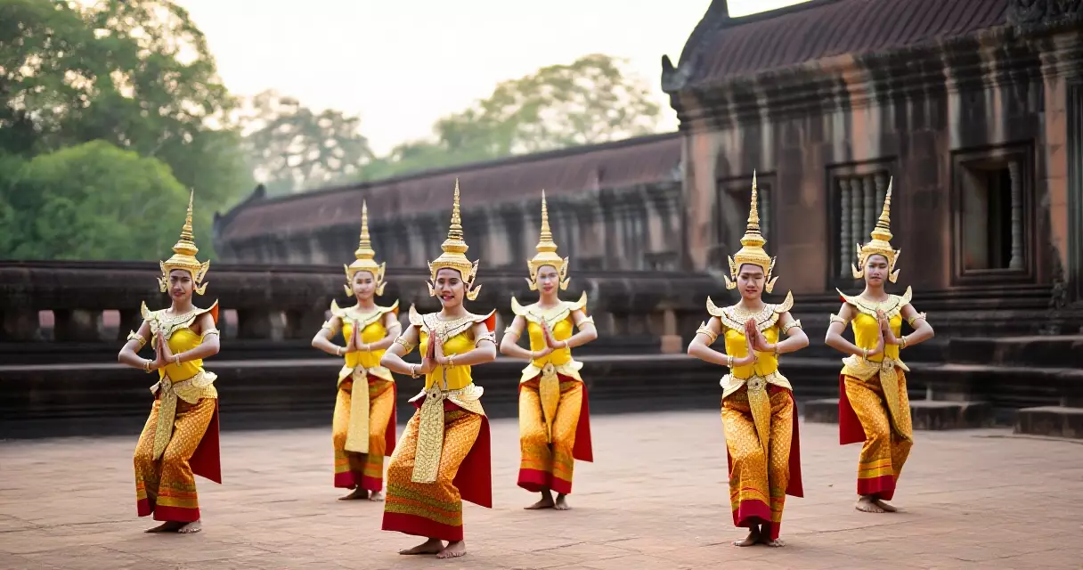 អ្នករាំអប្សរាខ្មែរក្នុងសំលៀកបំពាក់មាសសម្តែងនៅវិហារ