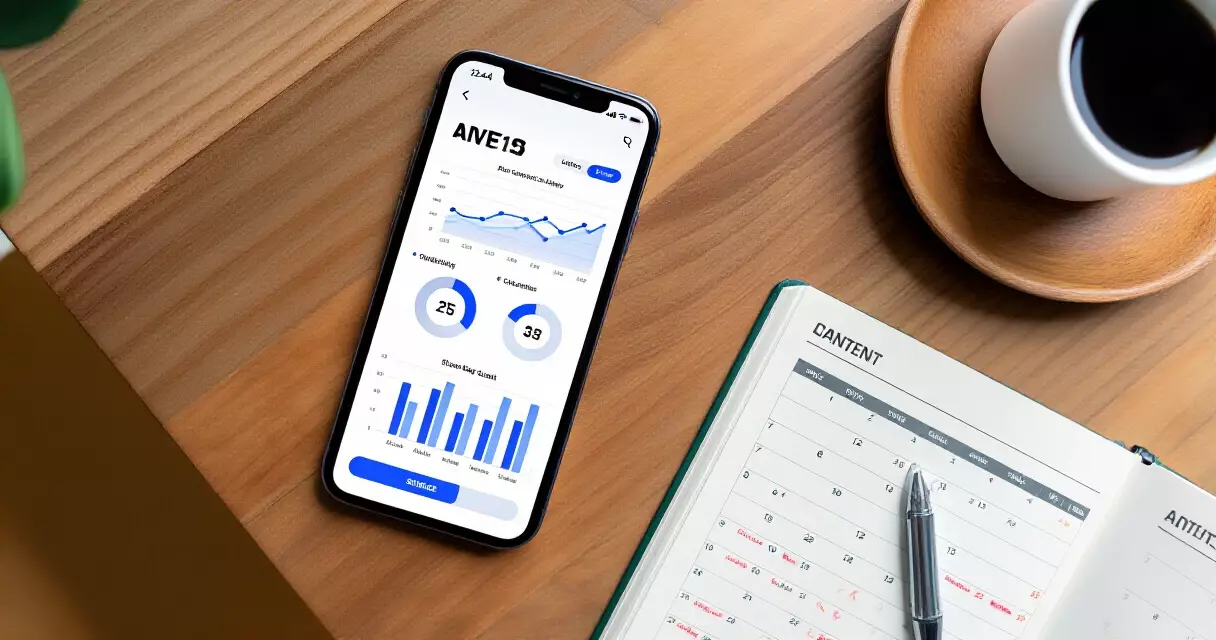ទូរស័ព្ទបង្ហាញ analytics ក្បែร ប្រติทินมาติกา និងពែងកាហ្វេលើតុ