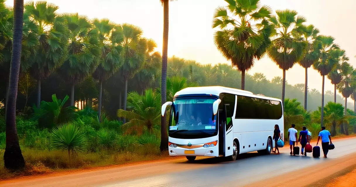 ឡានក្រុង Giant Ibis Transport ចត់នៅស្ថានីយ ជាមួយអ្នកដំណើរ