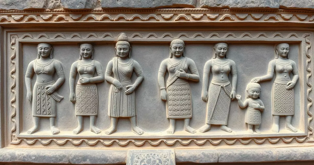 ចម្លាក់ថ្មបុរាណខ្មែរបង្ហាញពីលំនាំសំលៀកបំពាក់ប្រពៃណី