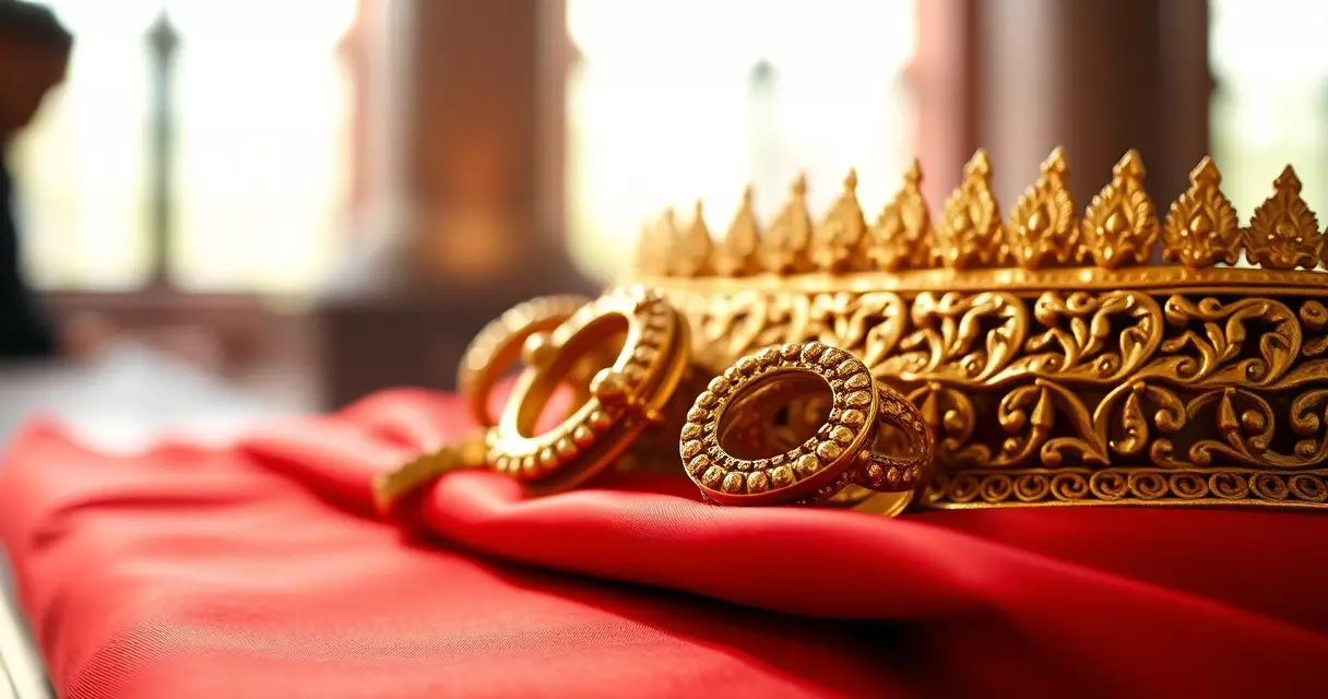 គ្រឿងអលង្ការមាសខ្មែរ ខ្សែក្រវាត់ និងចិញ្ចៀន លើក្រណាត់សូត្រក្រហម