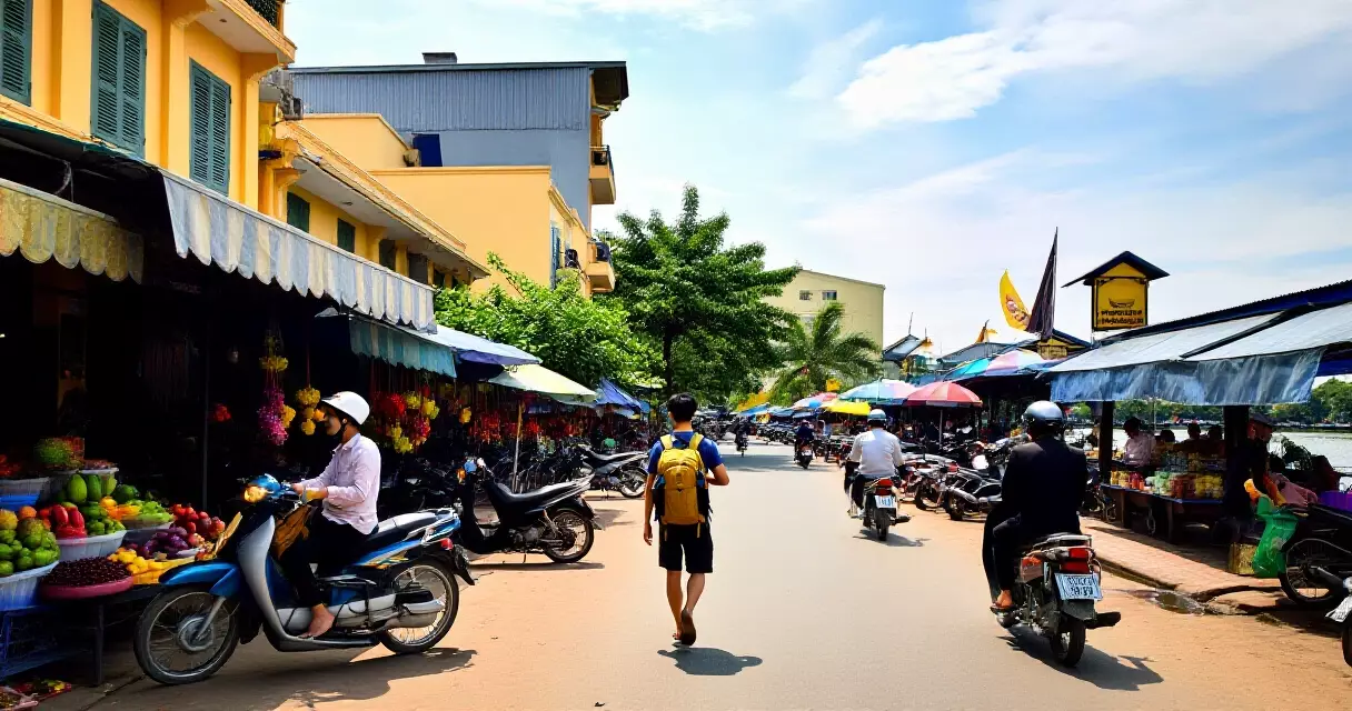 អ្នកធ្វើដំណើរម្នាក់ឯងដើរក្នុងផ្សារតាមផ្លូវភ្នំពេញ