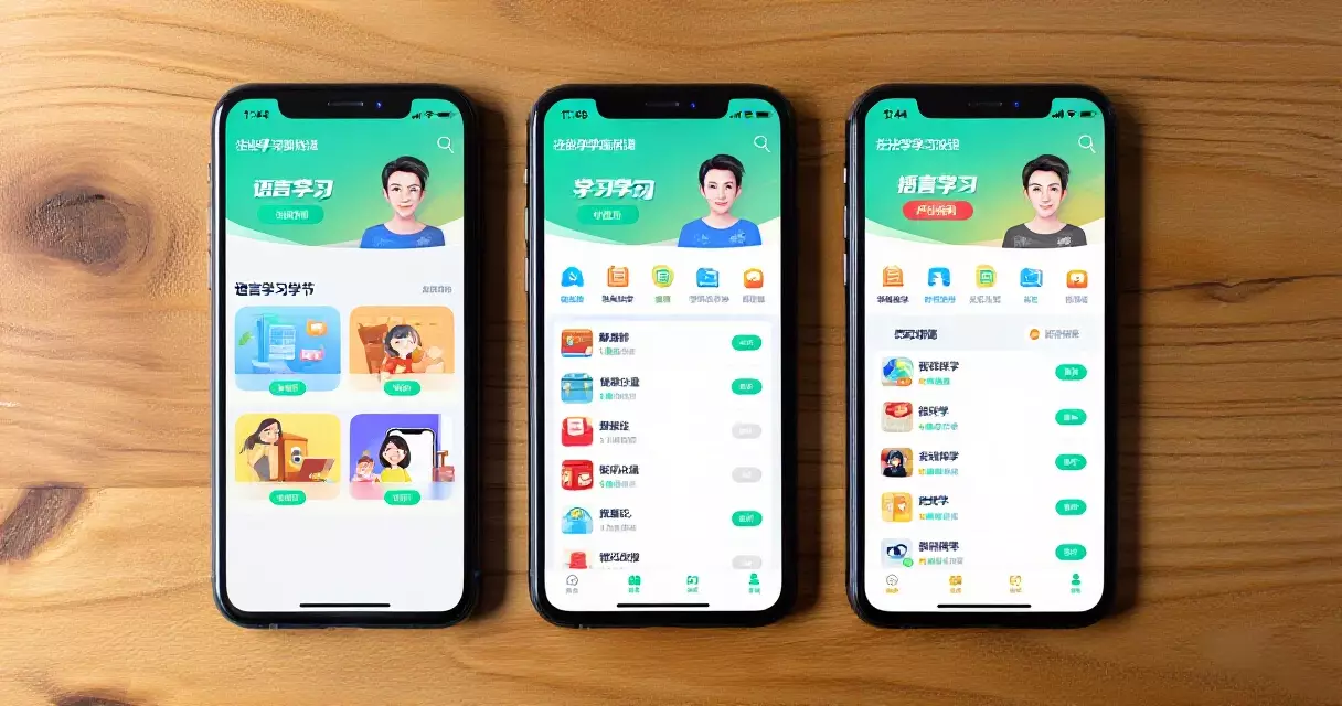 ទូរស័ព្ទ 3 គ្រឿងបង្ហាញ app Rosetta Stone, Ling App, Pimsleur