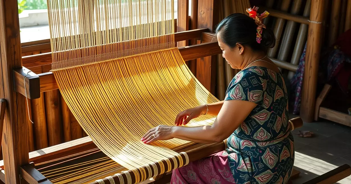 ស្ត្រីខ្មែរកំពុងត្បាញសូត្រមាសលើកីត្បាញឈើបុរាណជាមួយអំបោះក្បាច់ហូល