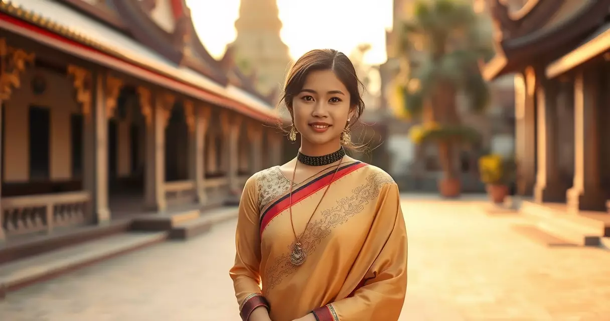 ស្ត្រីខ្មែរវ័យក្មេងស្លៀកសំពត់សូត្រ និងអាវប៉ាក់ប្រពៃណីនៅទីធ្លាប្រាសាទ