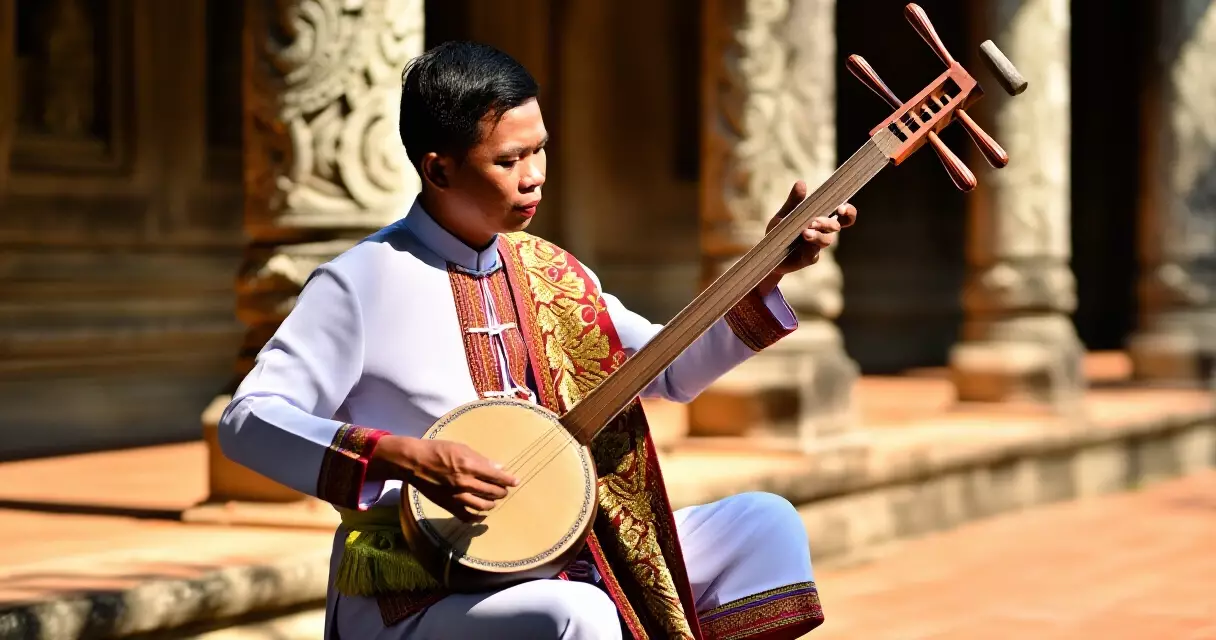 អ្នកតន្ត្រីខ្មែរលេងចាប៉ីដងវែងក្នុងប្រាសាទ