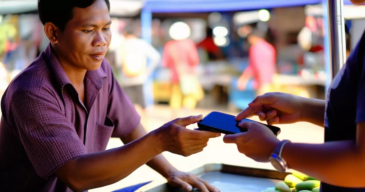 ឈ្មួញនៅផ្សារកម្ពុជាទទួលការទូទាត់តាមកូដ QR ពីអតិថិជន