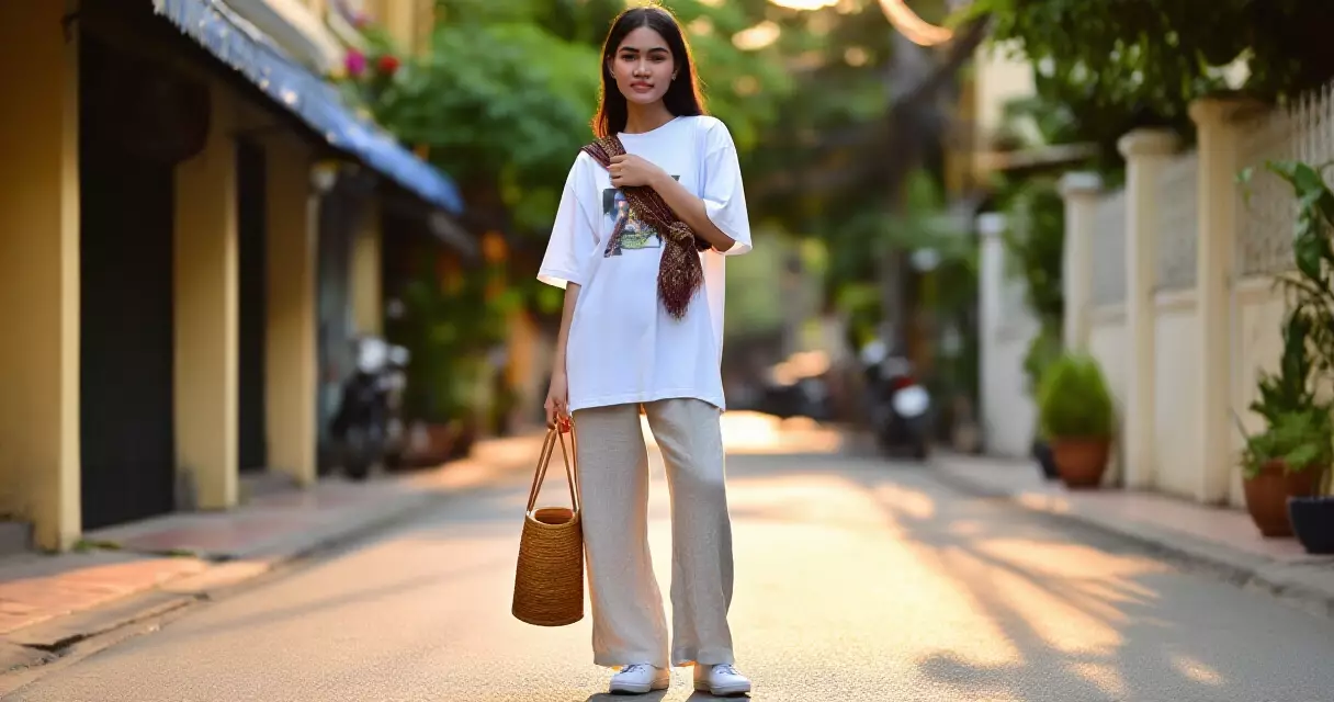 យុវតីខ្មែរ Gen Z ស្លៀកពាក់ hybrid ម៉ូត Khmer identity ជាមួយ krama នៅភ្នំពេញ