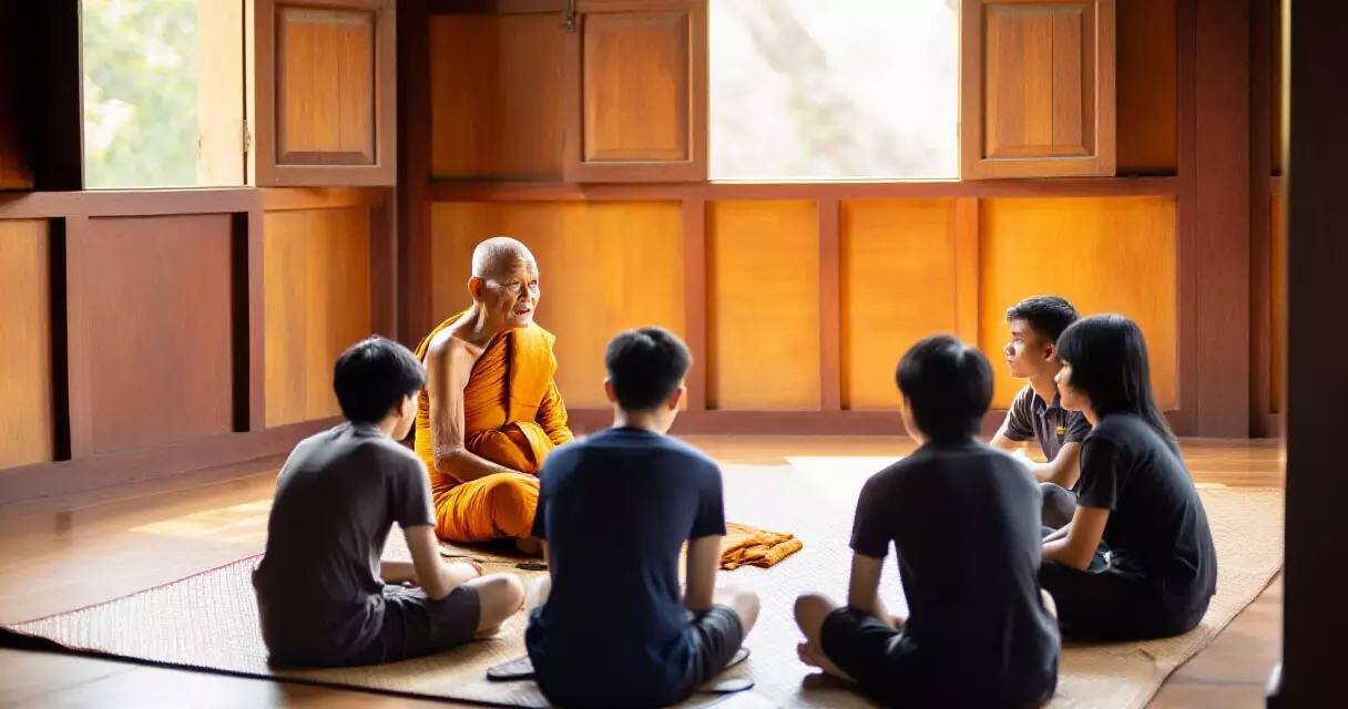 អាចារ្យខ្មែរបង្រៀនយុវជនអំពីទំនៀមទម្លាប់នៅវត្តមួយ