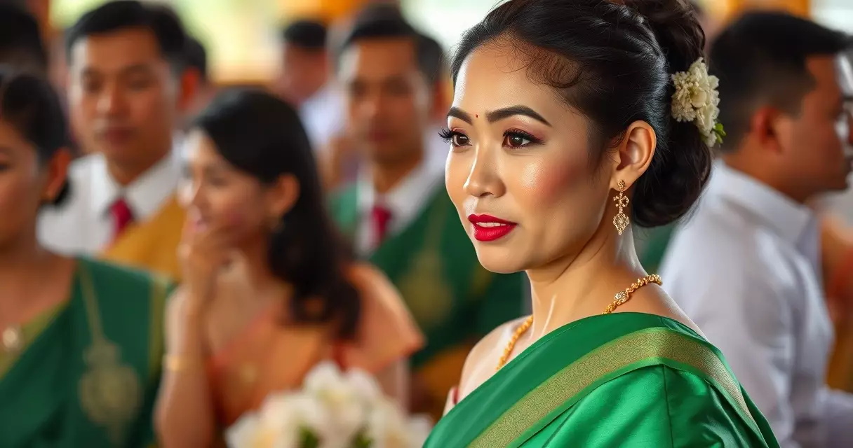 ស្ត្រីខ្មែរស្លៀកសំពត់ផ្មួងសូត្រពណ៌បៃតងក្នុងពិធីប្រពៃណី