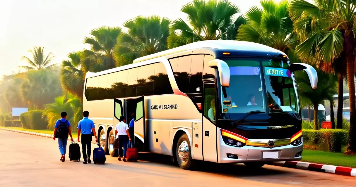 រថយន្តក្រុងទំនើបចតរង់ចាំអ្នកដំណើរនៅស្ថានីយ ម៉ោងព្រឹក