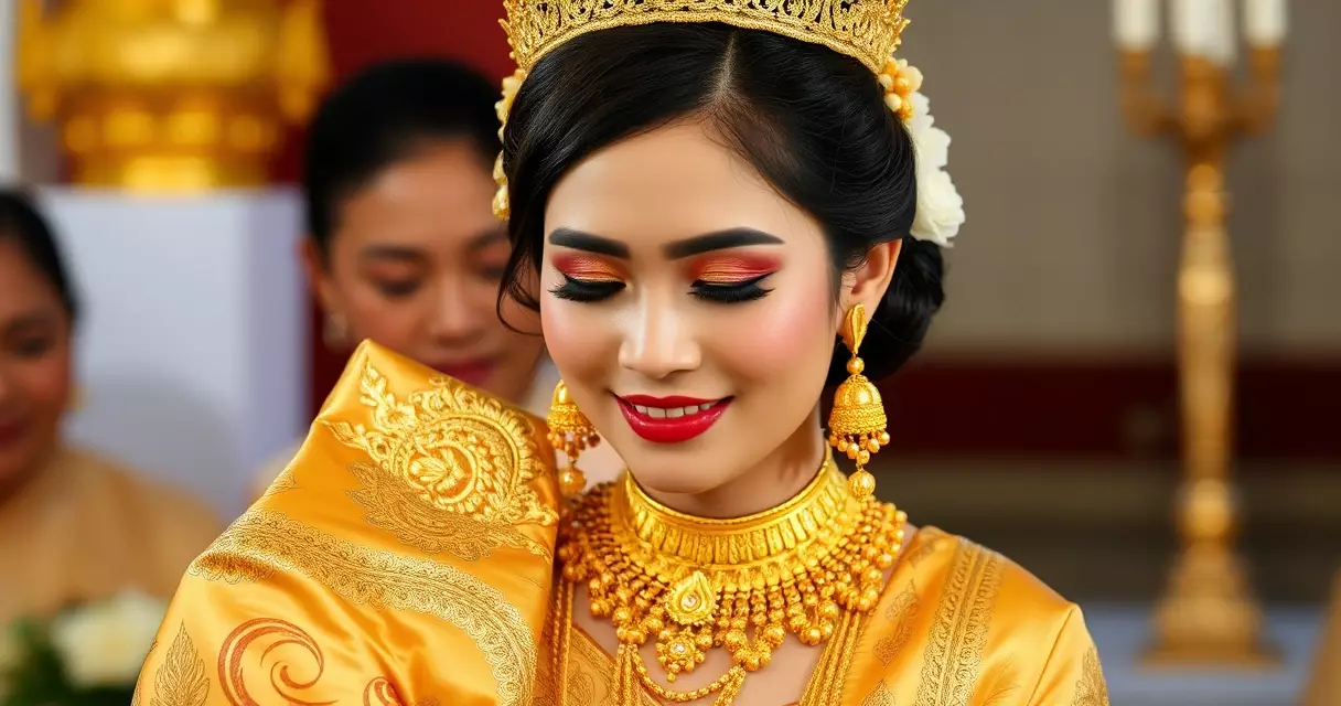 កូនក្រមុំខ្មែរស្លៀកសំពត់ហូលពណ៌មាស និងគ្រឿងអលង្ការក្នុងពិធីមង្គលការ
