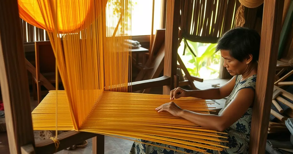 ជាងតម្បាញខ្មែរកំពុងតម្បាញសូត្រលឿងមាសនៅរោងជាងតាមភូមិ