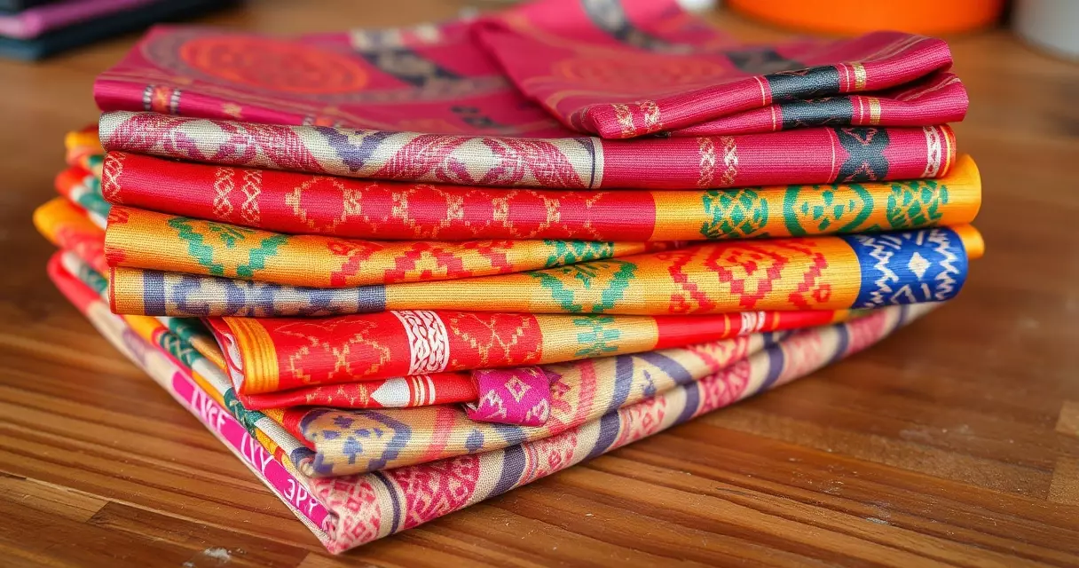 គំនរសំពត់ហូលសូត្រខ្មែរច្រើនពណ៌ដាក់លើតុឈើ