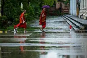 Two monks with an umbrella walk on a rainy street in Battambang, Cambodia.